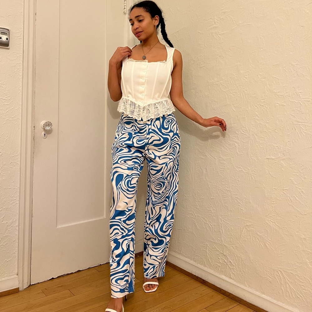 blue patterned pants